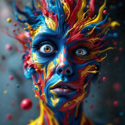 The primary subject of the image is a woman with a blue and yellow face, which appears to be a digital art or illustration. The setting is a dark background, and the visual style is a mix of colors and patterns. The woman's face is painted with a blue and yellow color scheme, and the overall atmosphere is vibrant and artistic.